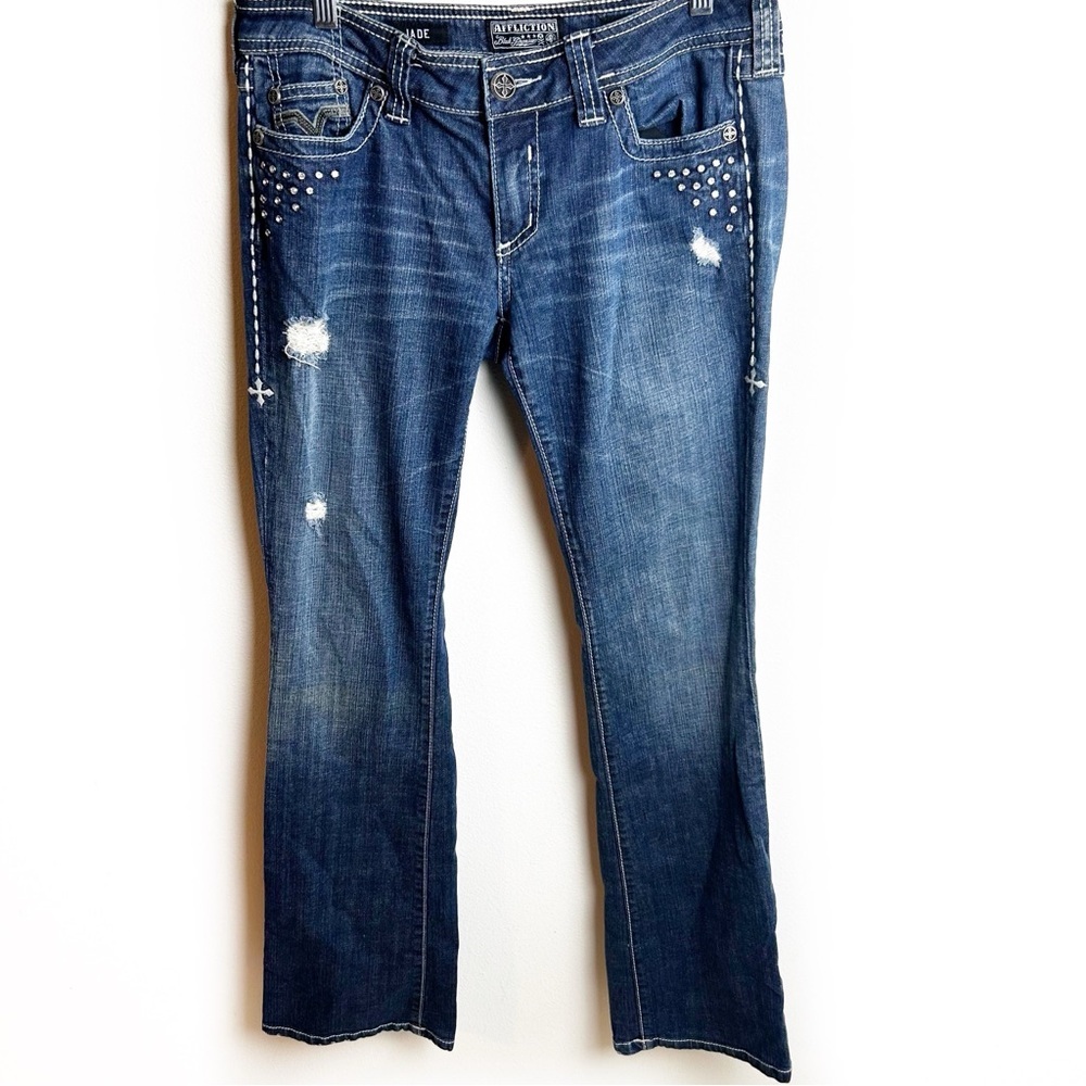 Affliction Jade bootcut v-stone crystal flap pocket jeans low rise size: 29